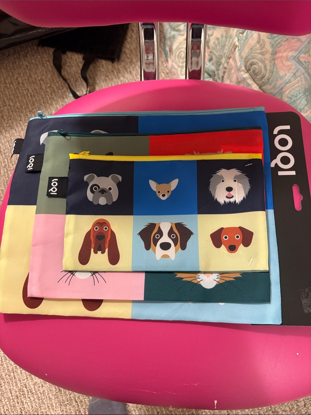 Loqi Dog and cat set of 3 Face Zipper Pouch Set in Multicolor